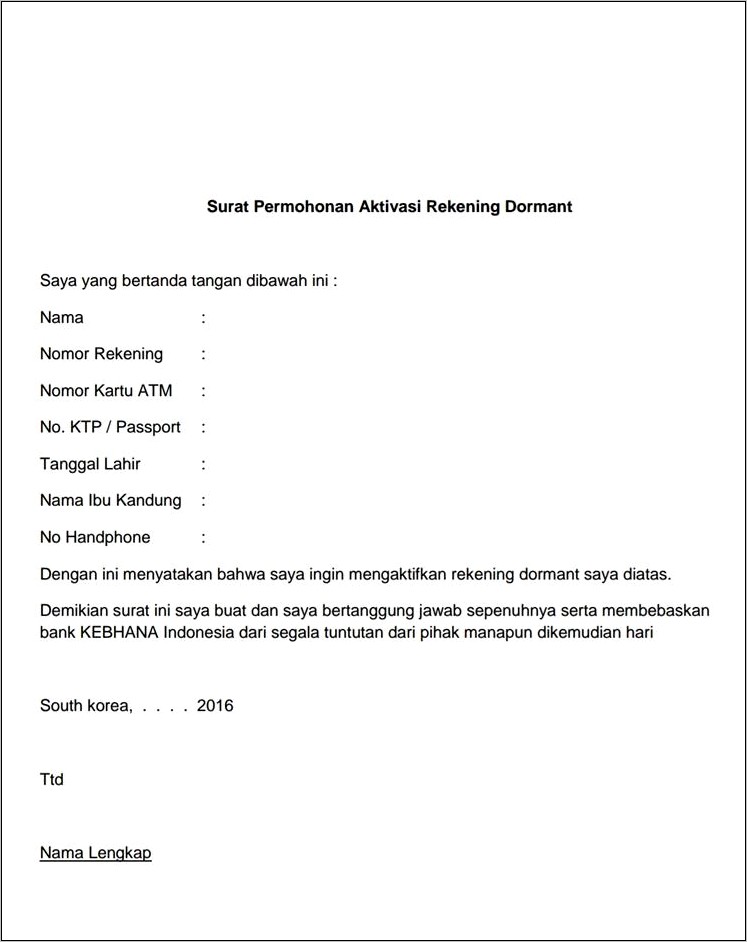 Contoh Surat Permohonan Pembukaan Rekening Dormant