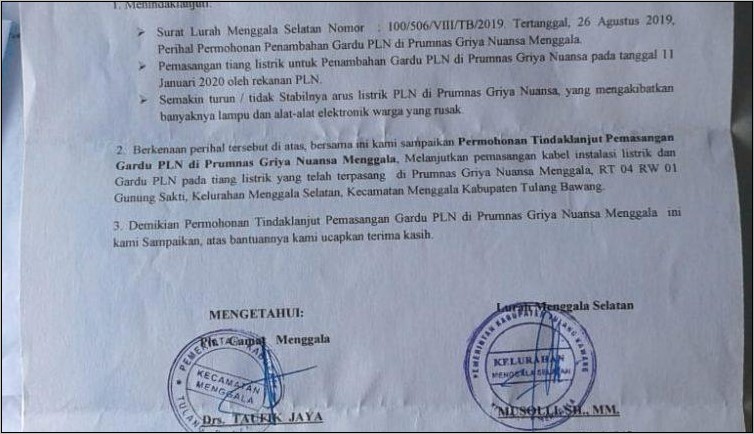 Contoh Surat Permohonan Penambahan Tiang Listrik Pln Aceh