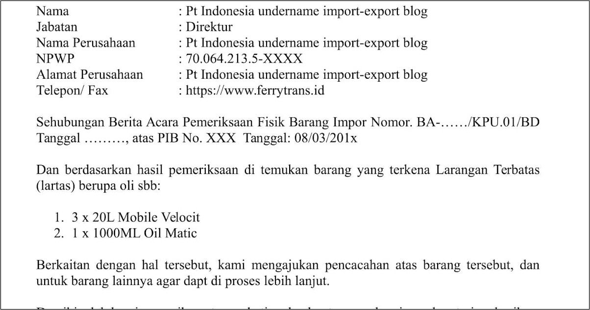 Contoh Surat Permohonan Pencabutan Pemblokiran Bea Cukai