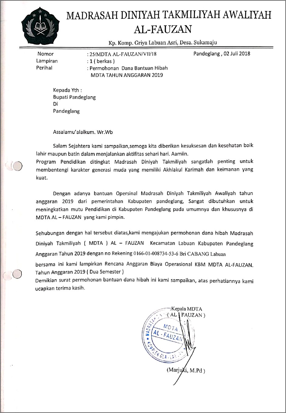 Contoh Surat Permohonan Pencairan Bantuan Provinsi