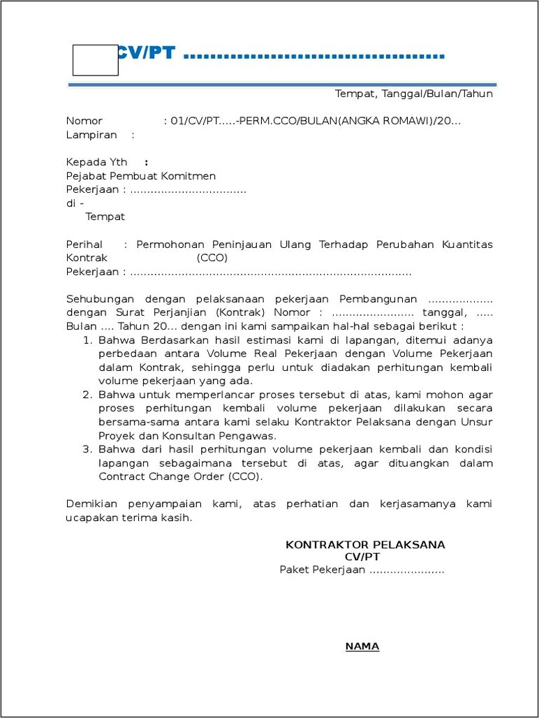 Contoh Surat Permohonan Pencairan Dana Proyek Konstruksi