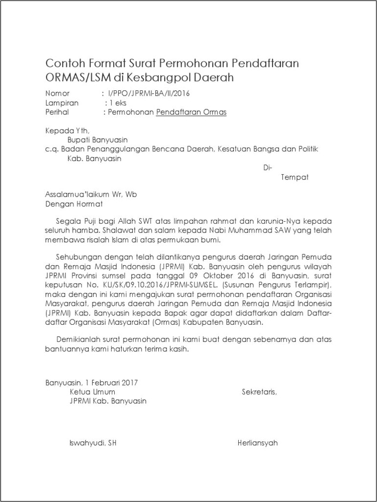 Contoh Surat Permohonan Pendaftaran Pendirian Asosiasi Indonesia