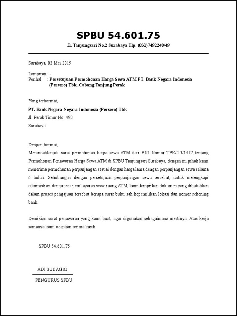 Contoh Surat Permohonan Pengadaan Mesin Atm