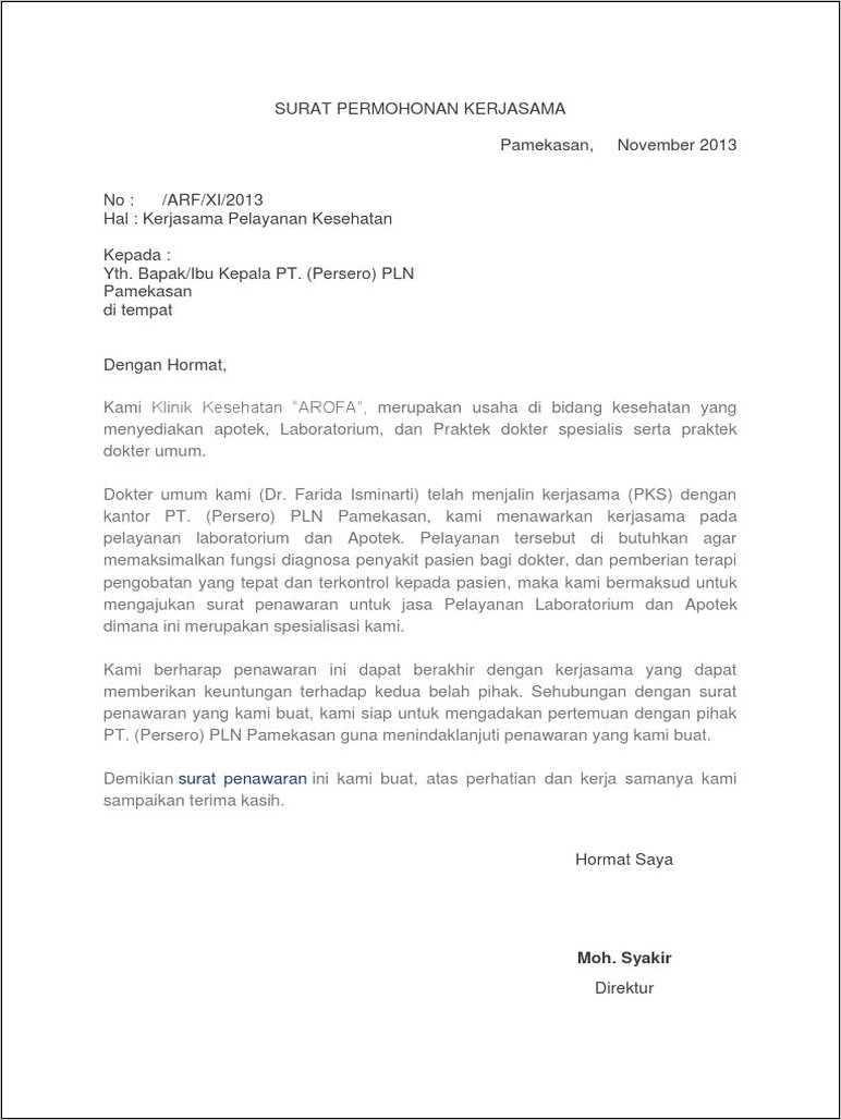 Contoh Surat Permohonan Perjanjian Bersama