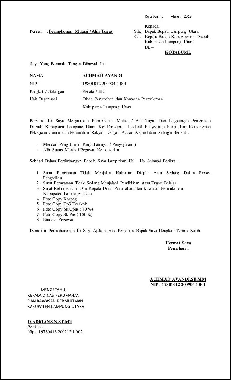 Contoh Surat Permohonan Pindah Tugas Pns Dari Kabupaten Ke Provinsi