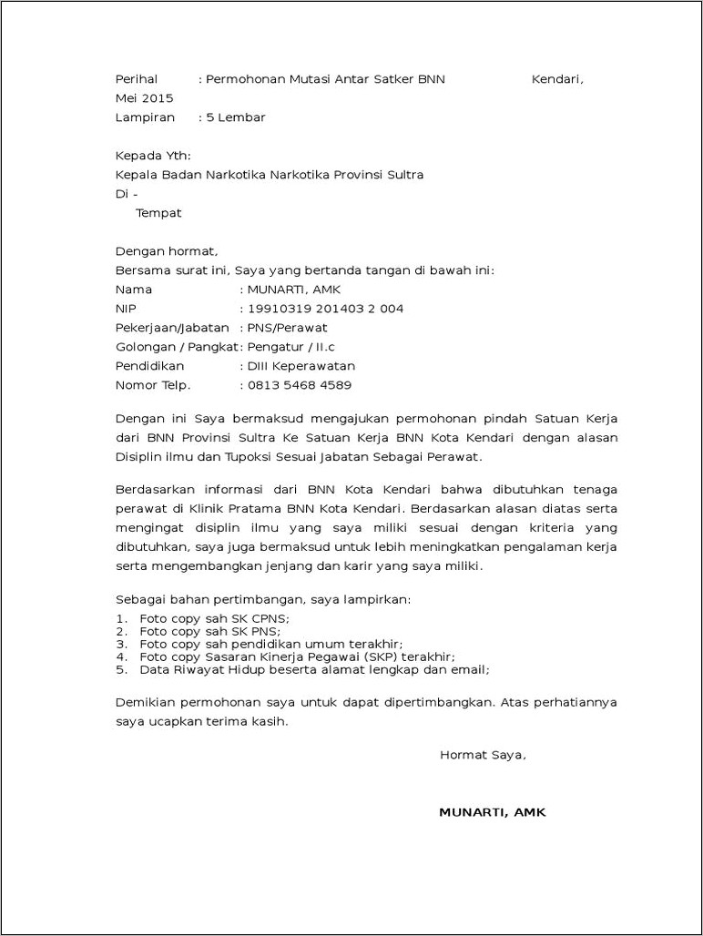 Contoh Surat Permohonan Rekomendasi Pindah Tugas Pns
