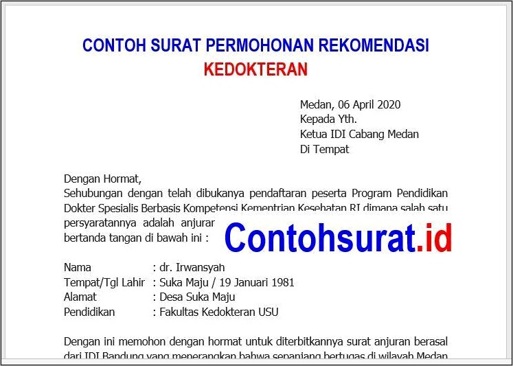 Contoh Surat Permohonan Surat Rekomendasi