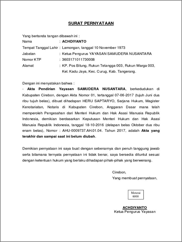 Contoh Surat Pernyataan Alamas Yayasan