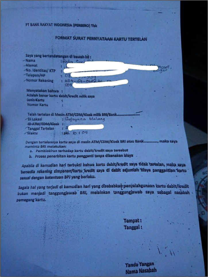 Contoh Surat Pernyataan Atm Ketelen