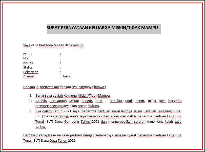 Contoh Surat Pernyataan Bahwa Tidak Menerima Bantuan