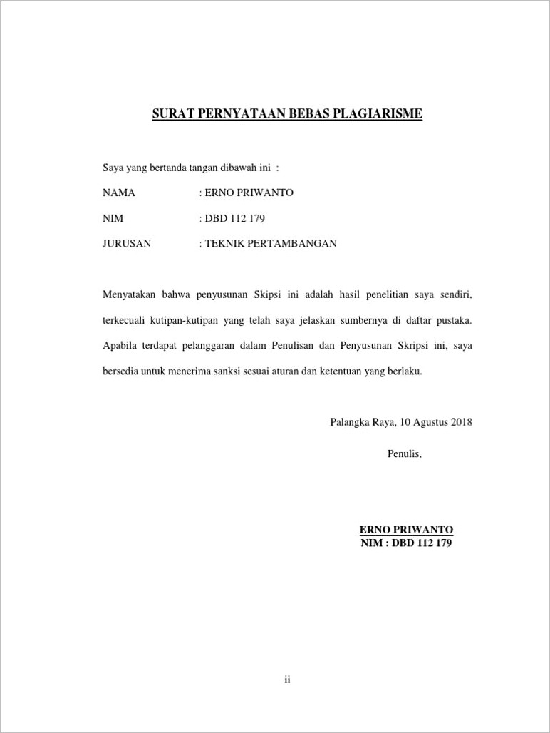 Contoh Surat Pernyataan Bebas Plagiarisme