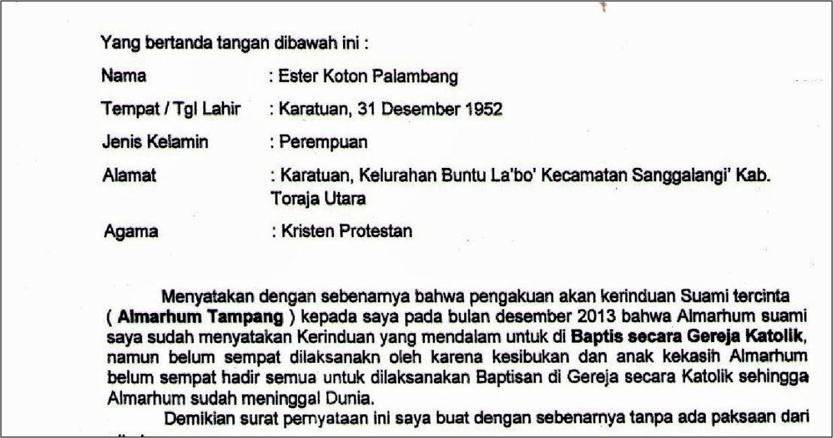 Contoh Surat Pernyataan Belum Di Baptis