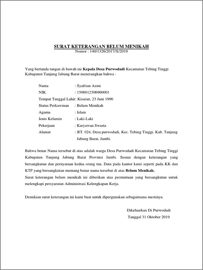 Contoh Surat Pernyataan Belum Emnikah Pdf