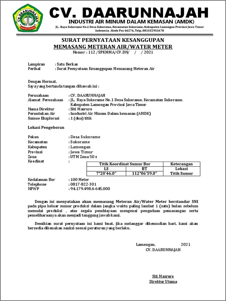Contoh Surat Pernyataan Belum Memasang Meter Air