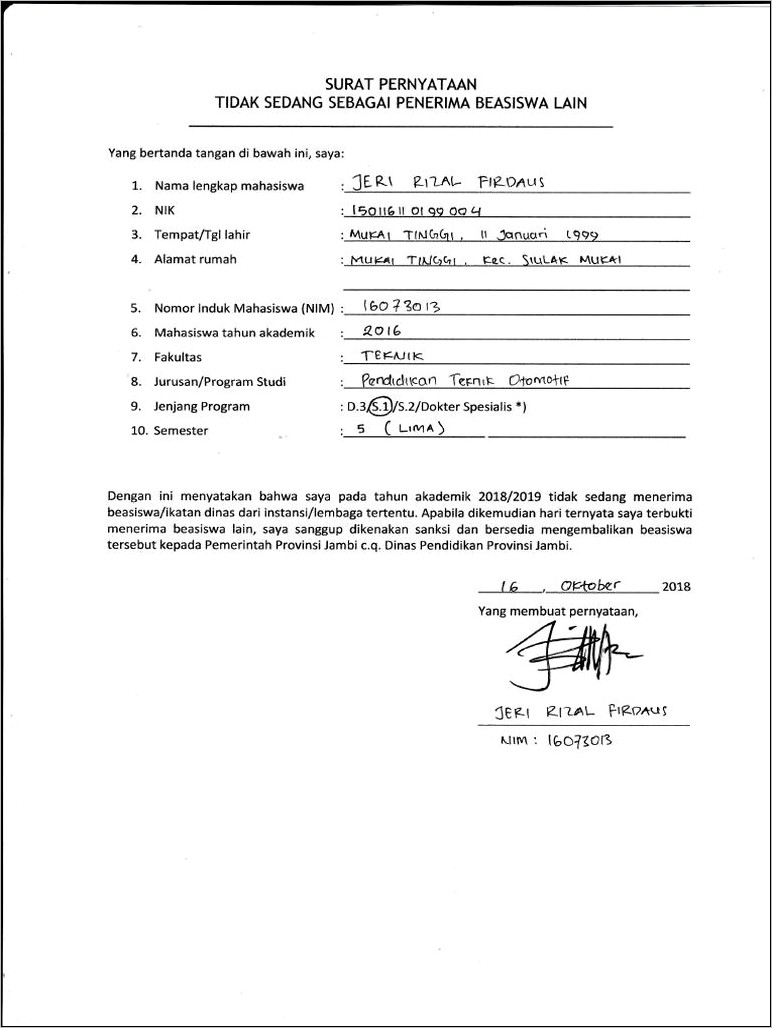 Contoh Surat Pernyataan Belum Menerima Beasiswa Universutas Sumatera Utara