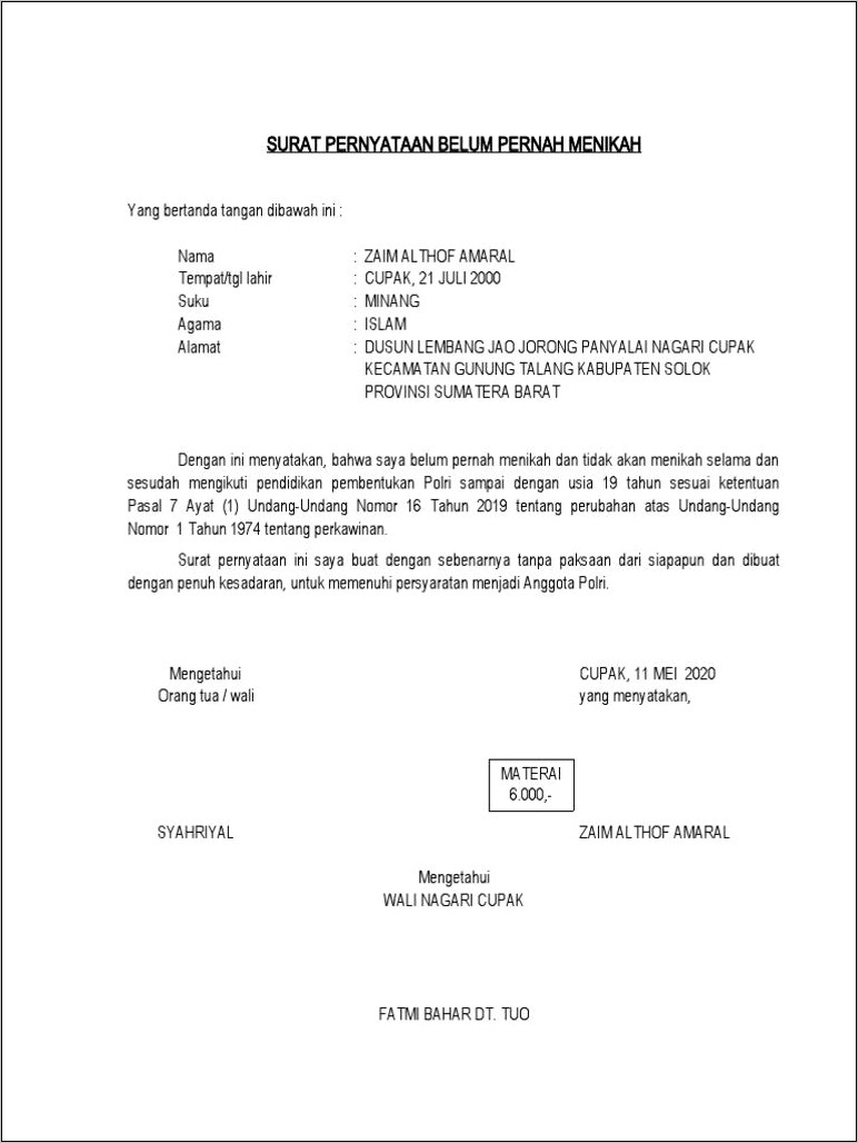 Contoh Surat Pernyataan Belum Menikah 2019