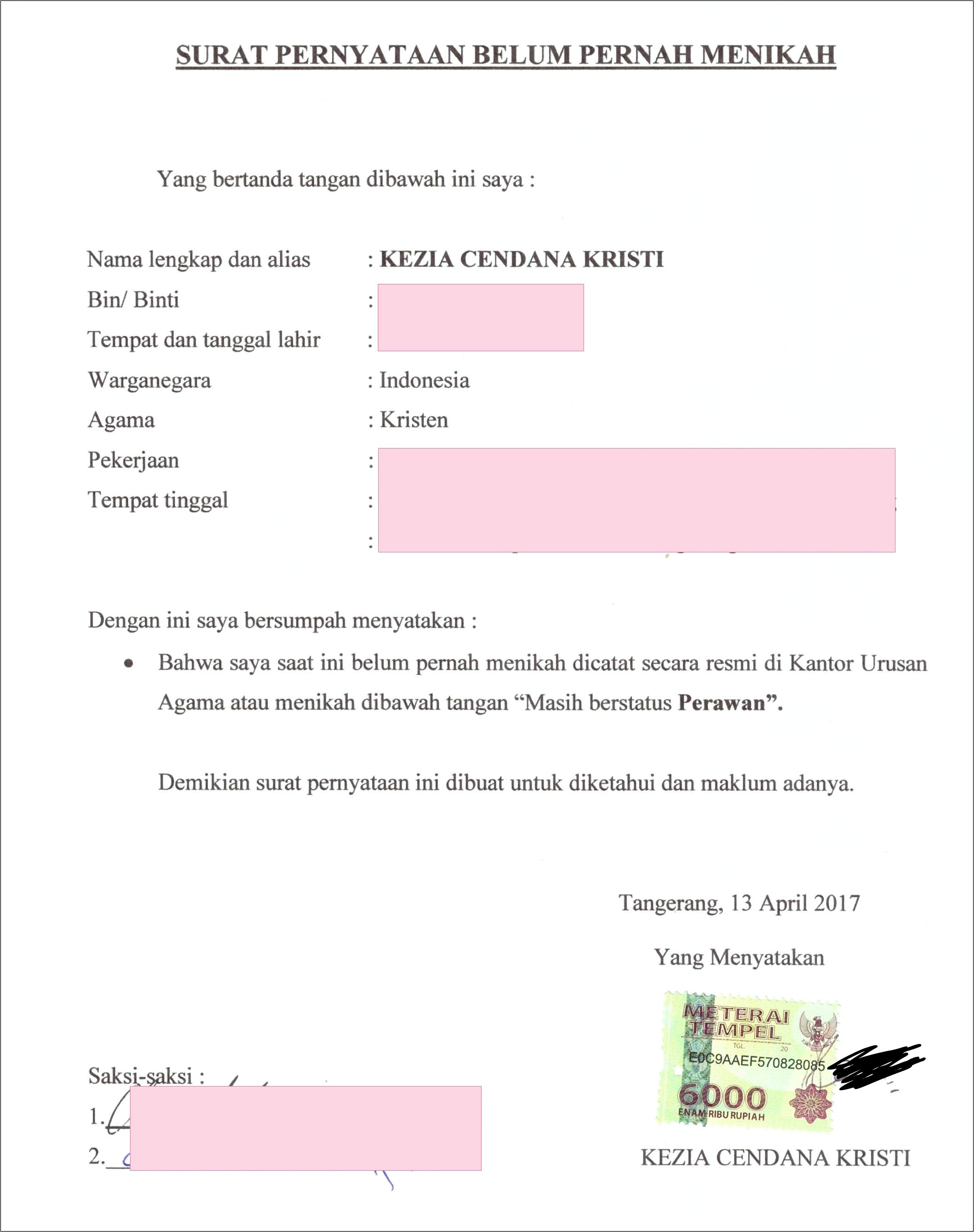 Contoh Surat Pernyataan Belum Menikah Atau Jejaka