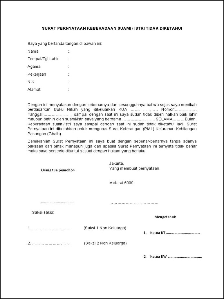 Contoh Surat Pernyataan Belum Menikah Dari Rt Dan Rw