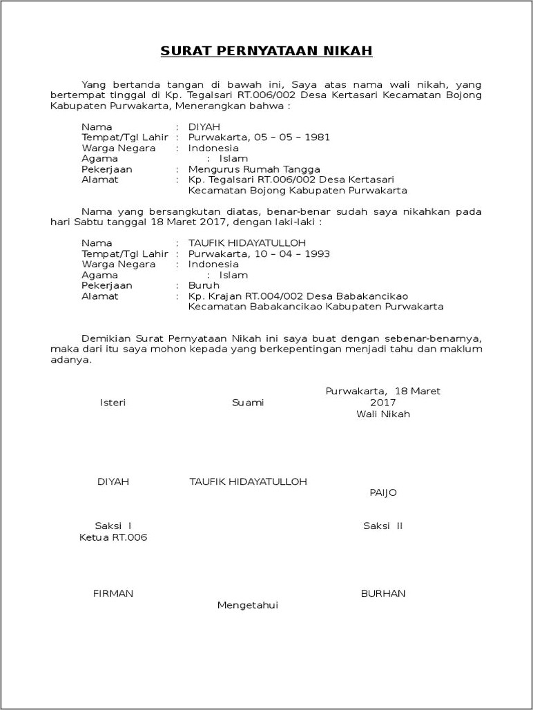 Contoh Surat Pernyataan Belum Menikah Rt Rw Pdf