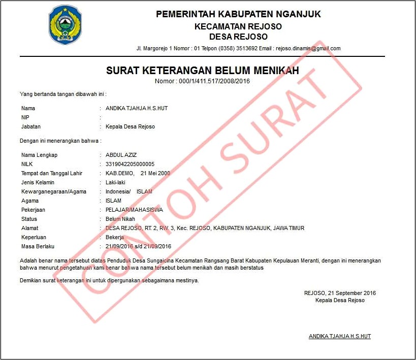 Contoh Surat Pernyataan Belum Menikah Rt Rw Pgf