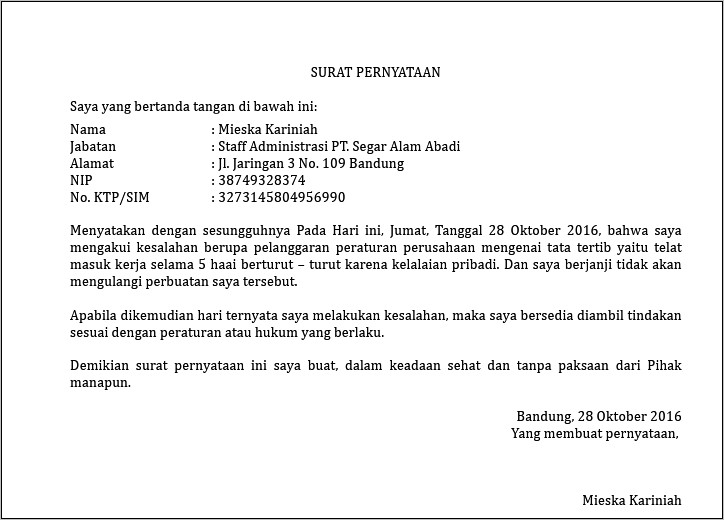 Contoh Surat Pernyataan Bersalah Karna Telat Informasi