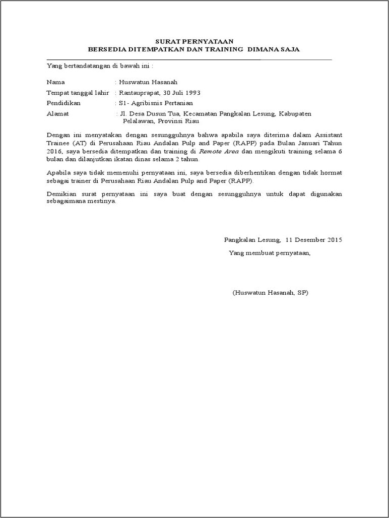 Contoh Surat Pernyataan Bersedia Ditempatkan Dimanpun K2