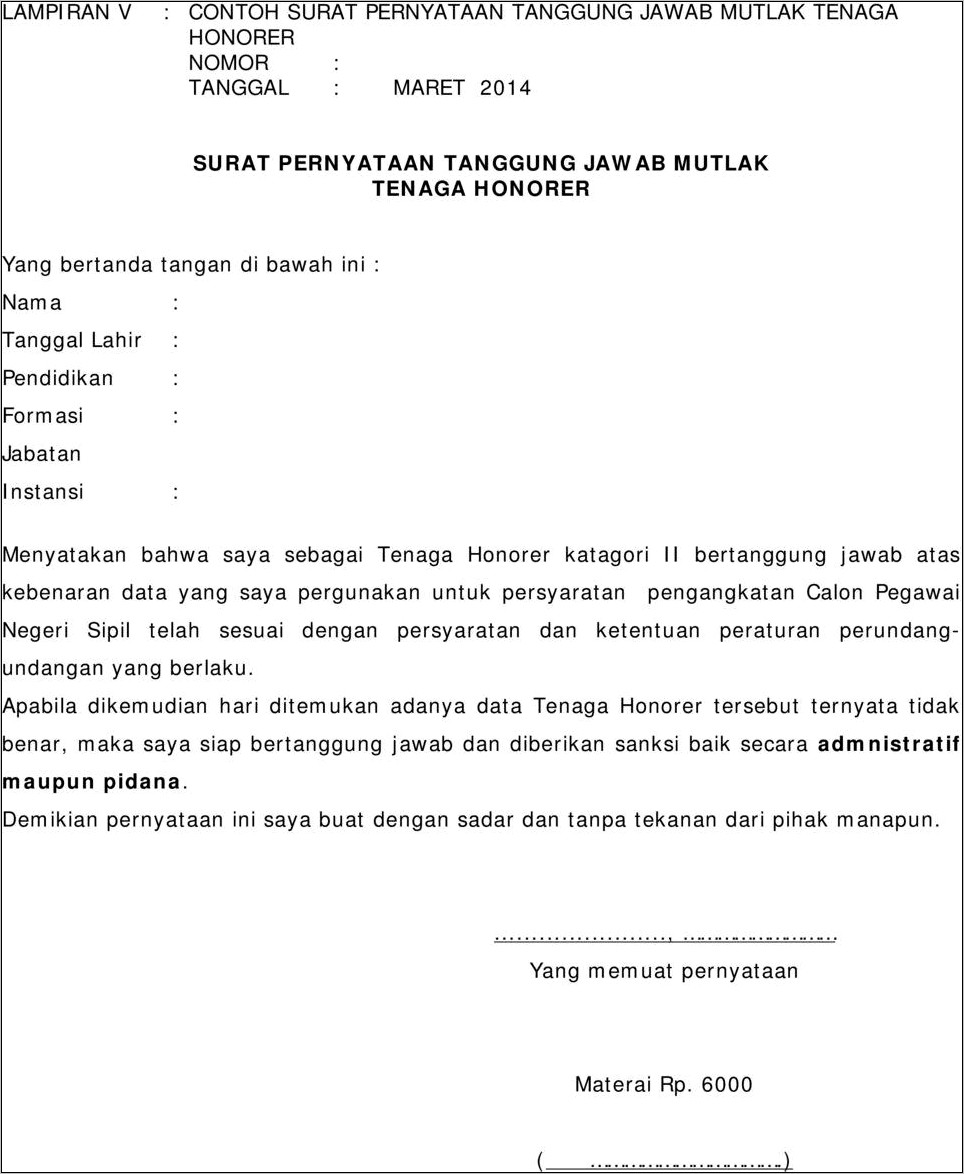 Contoh Surat Pernyataan Bertangung Jawab