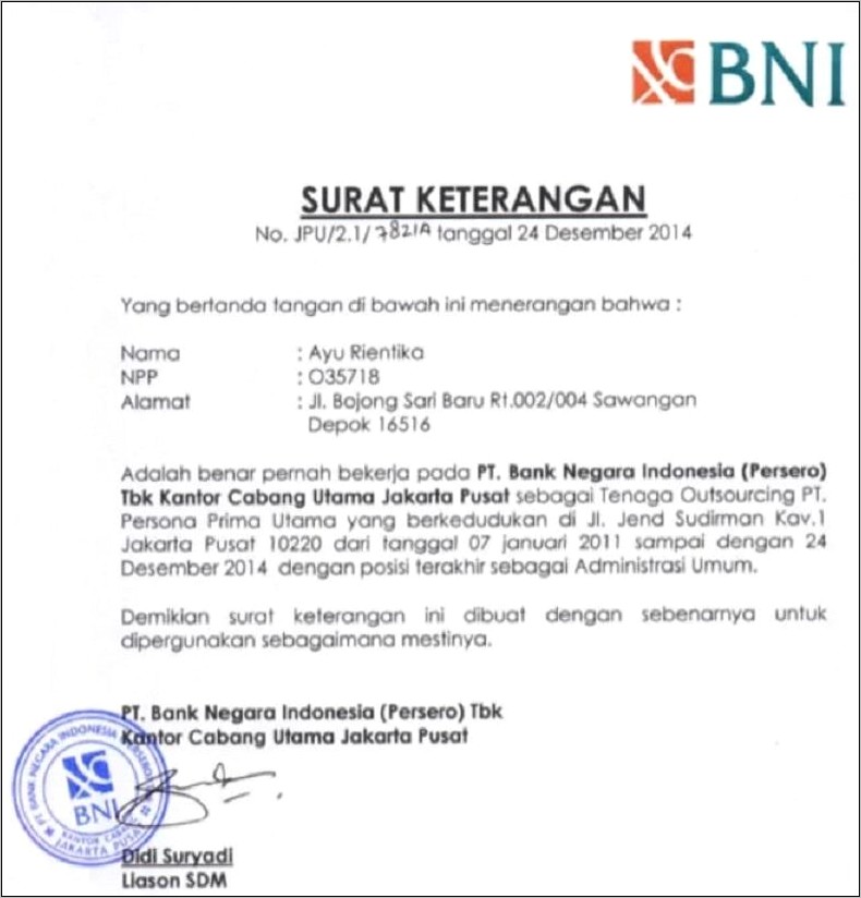 Contoh Surat Pernyataan Bni