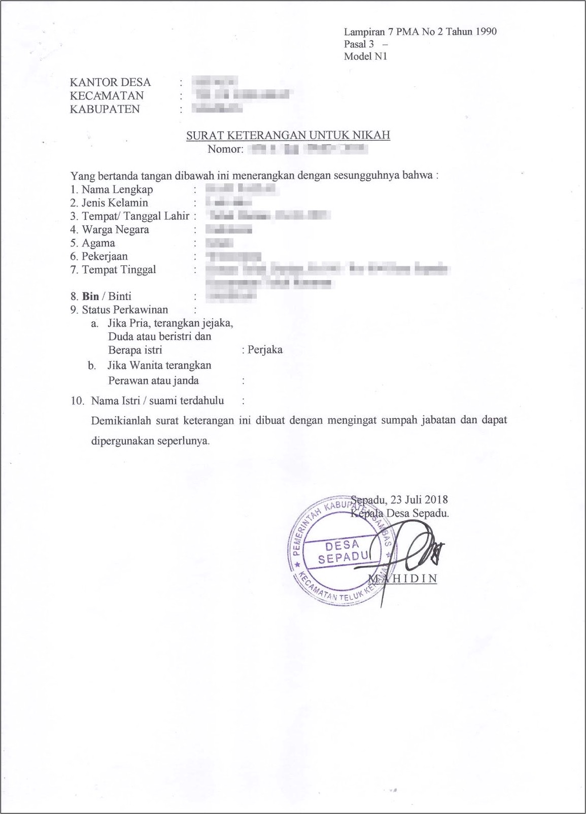 Contoh Surat Pernyataan Bujang