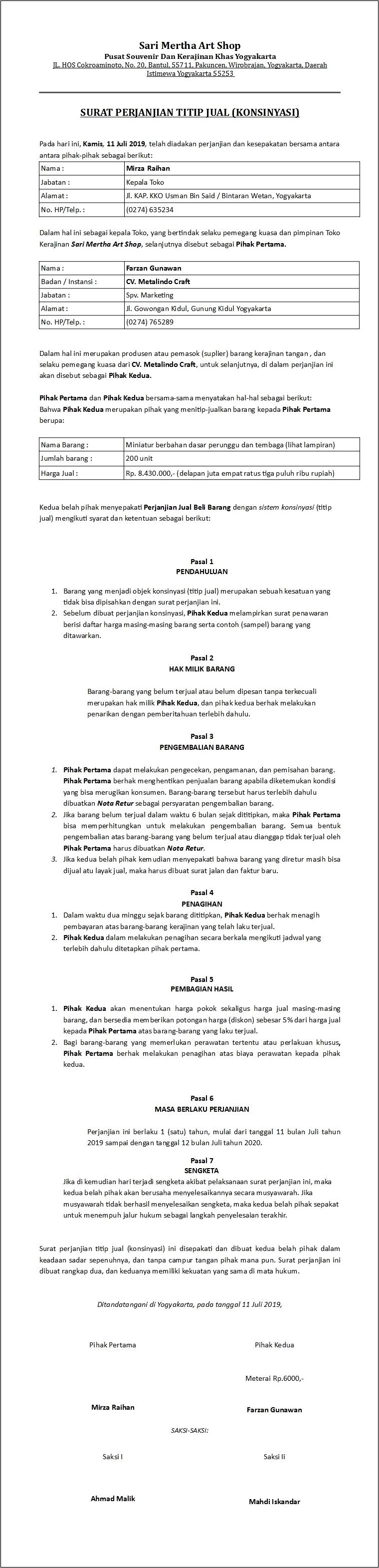 Contoh Surat Pernyataan Consignee