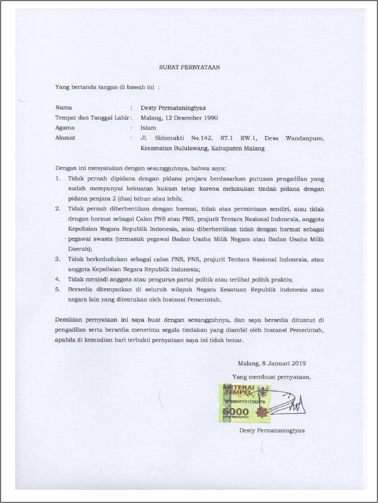 Contoh Surat Pernyataan Cpns 2019 Yang Benar Malang Kabupaten