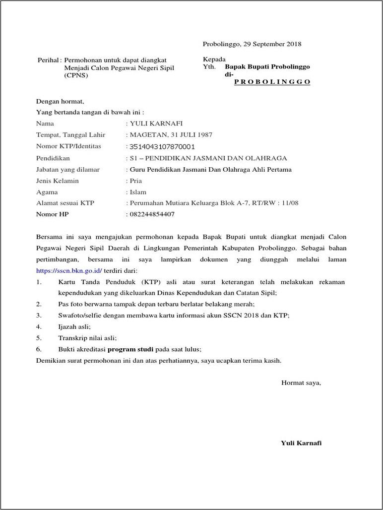 Contoh Surat Pernyataan Cpns Guru S1 2018