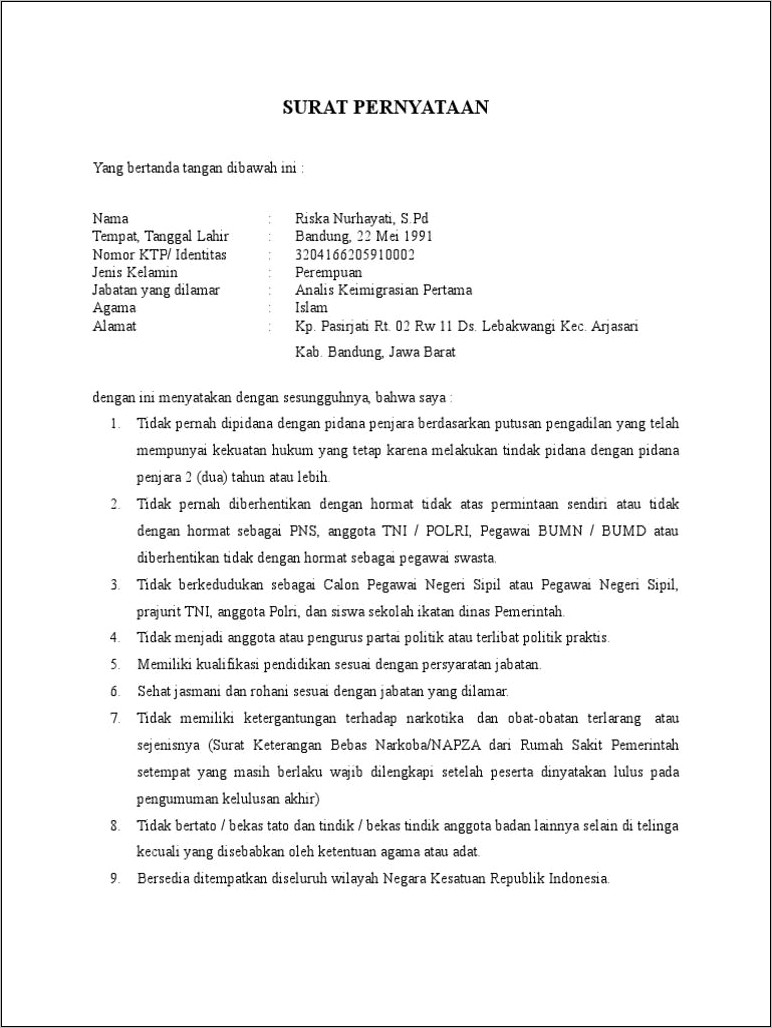 Contoh Surat Pernyataan Cpns Jawa Barat