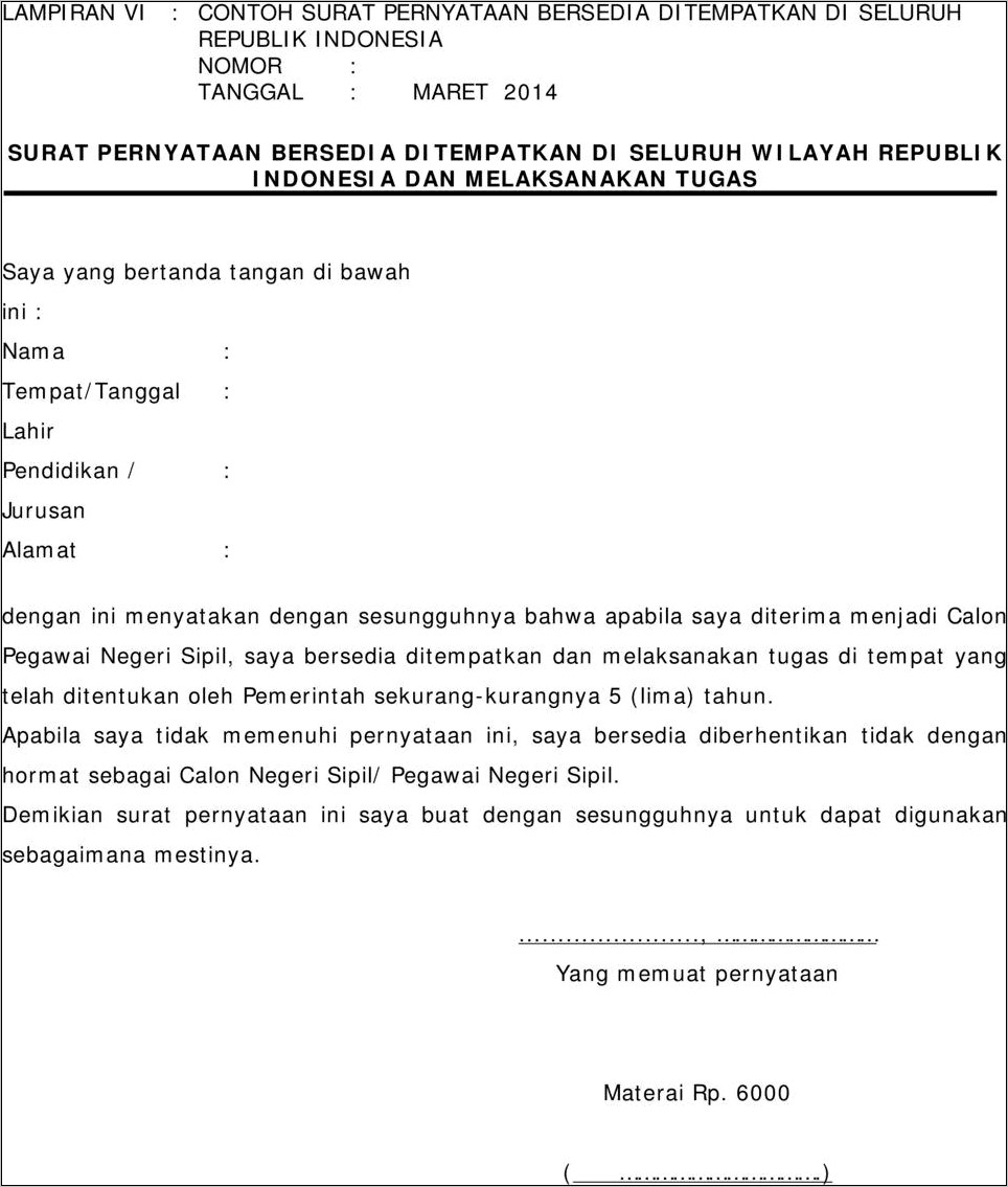 Contoh Surat Pernyataan Cpns Kabupaten Magetan