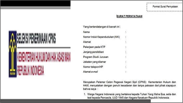 Contoh Surat Pernyataan Cpns Kemenperin 2018