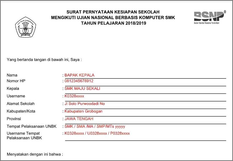 Contoh Surat Pernyataan Dari Sma Ypk Fakfak