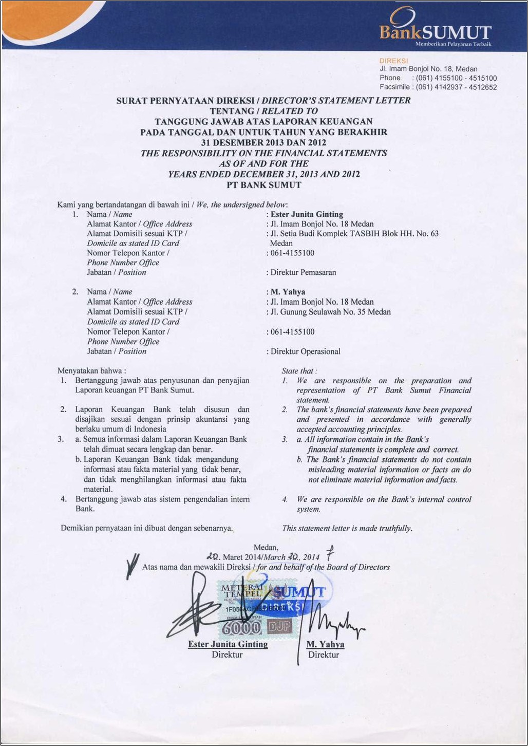 Contoh Surat Pernyataan Direksi Untuk Laporan Audit Khusus