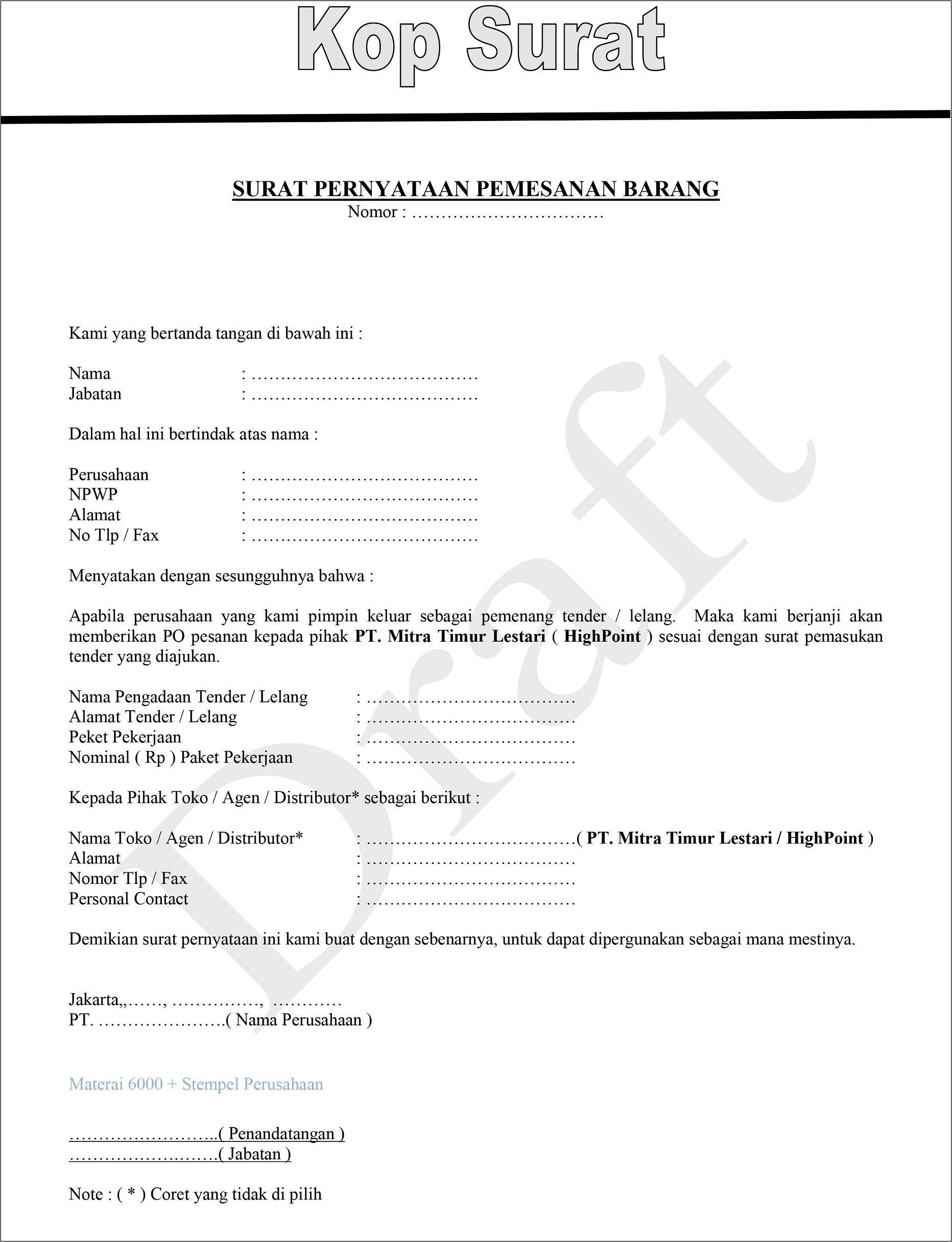 Contoh Surat Pernyataan Dukungan Proyek