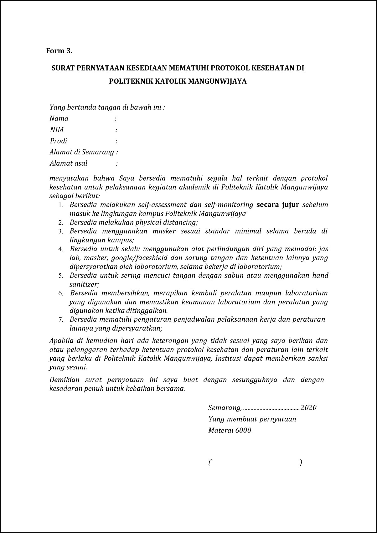 Contoh Surat Pernyataan Etika Profesi Gizi