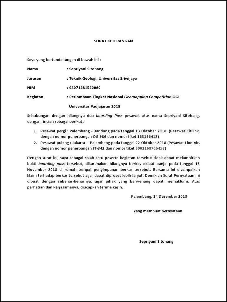 Contoh Surat Pernyataan Hilang Berkas