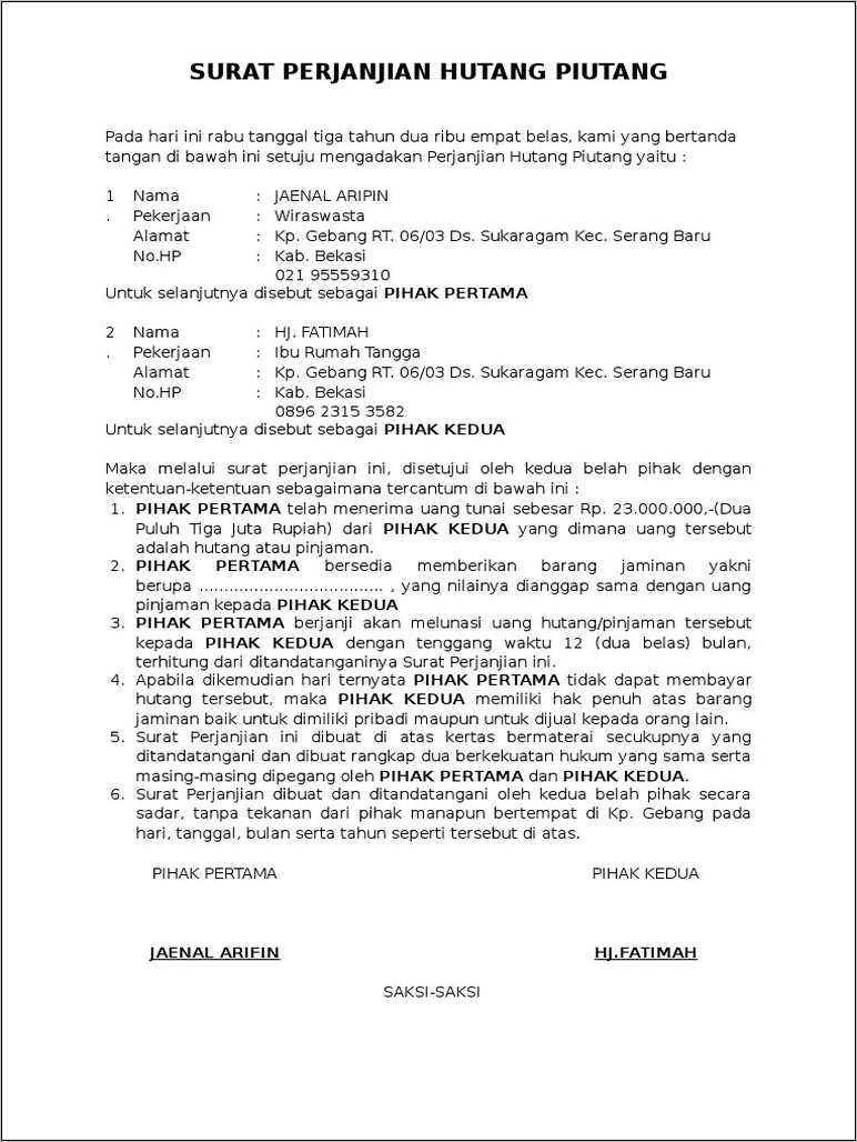 Contoh Surat Pernyataan Hutang Pribadi Tanpa Jaminan