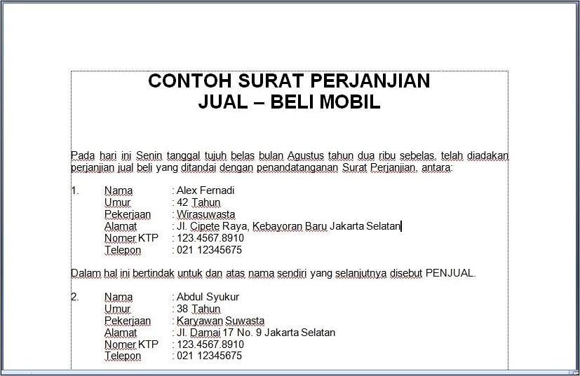 Contoh Surat Pernyataan Jaul Beli Mobil