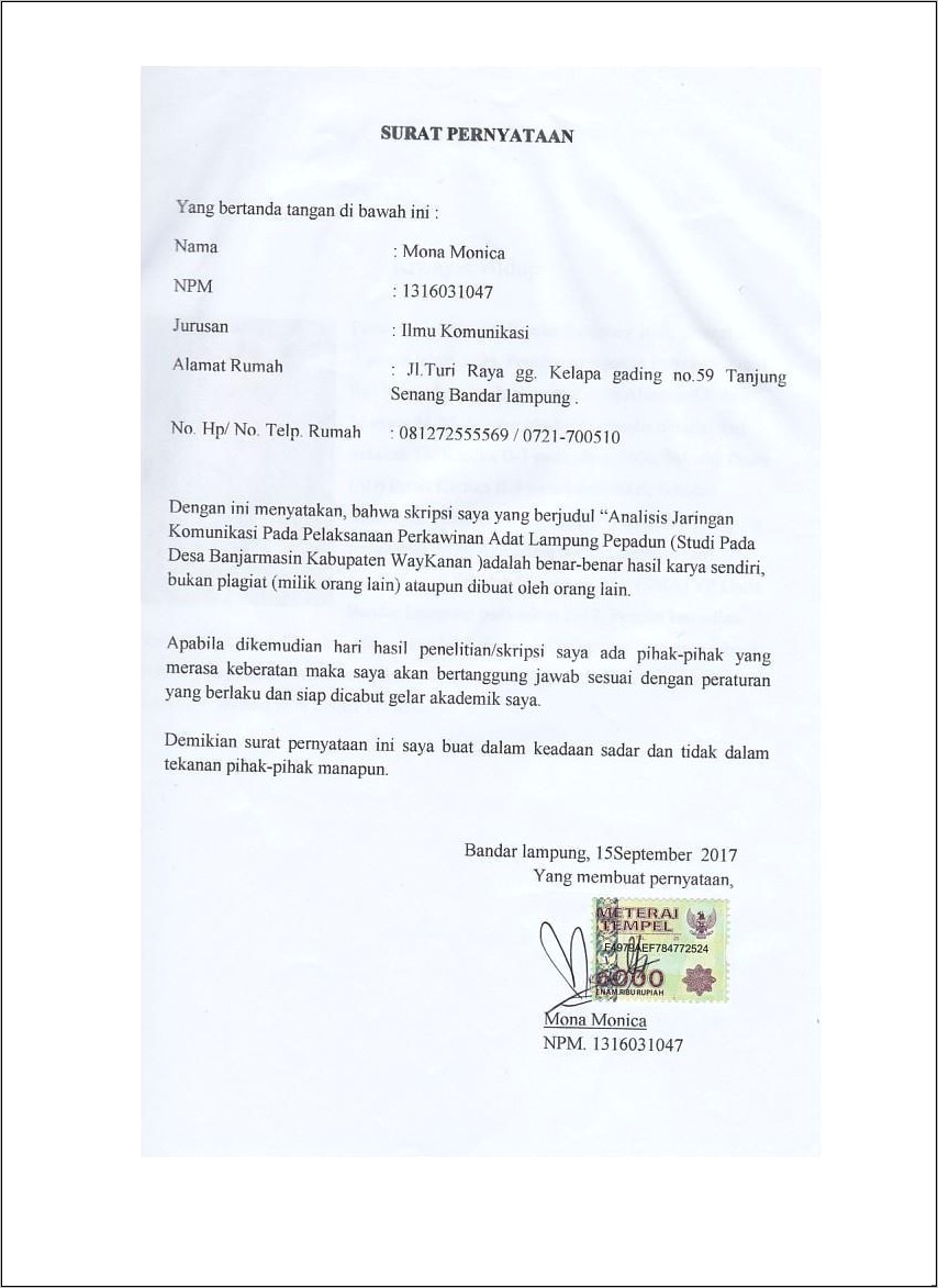 Contoh Surat Pernyataan Kawin Suka Sama Suka