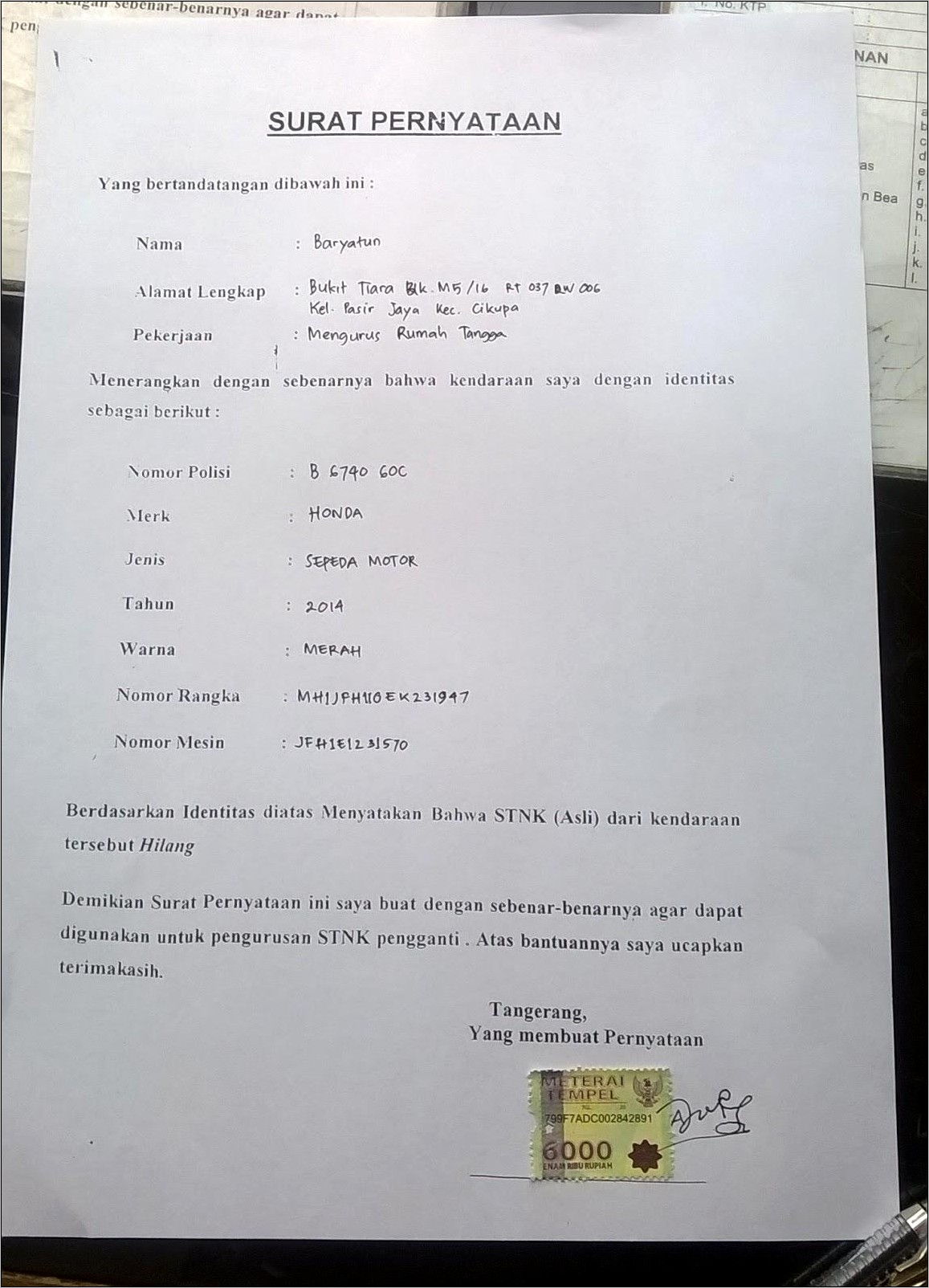 Contoh Surat Pernyataan Kehilangan Bpkb Diketahui Rt Rw