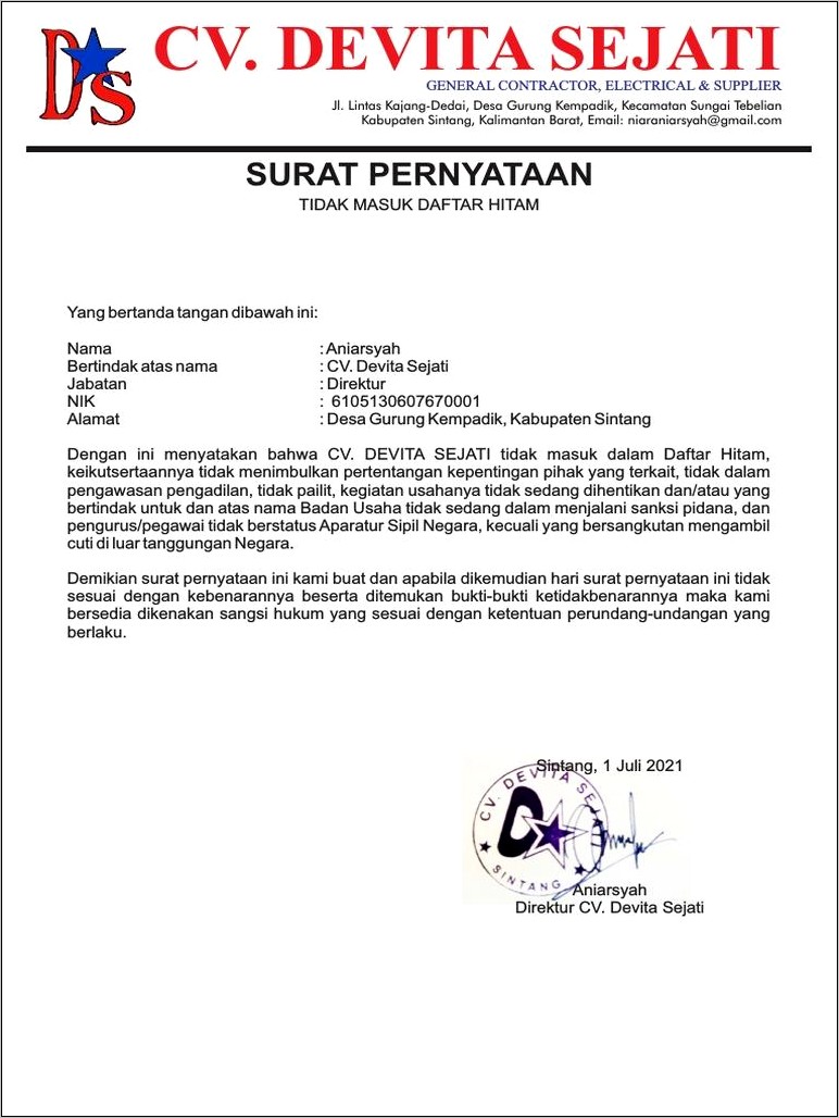 Contoh Surat Pernyataan Keikutsertaannya Tidak Menimbulkan Pertentangan