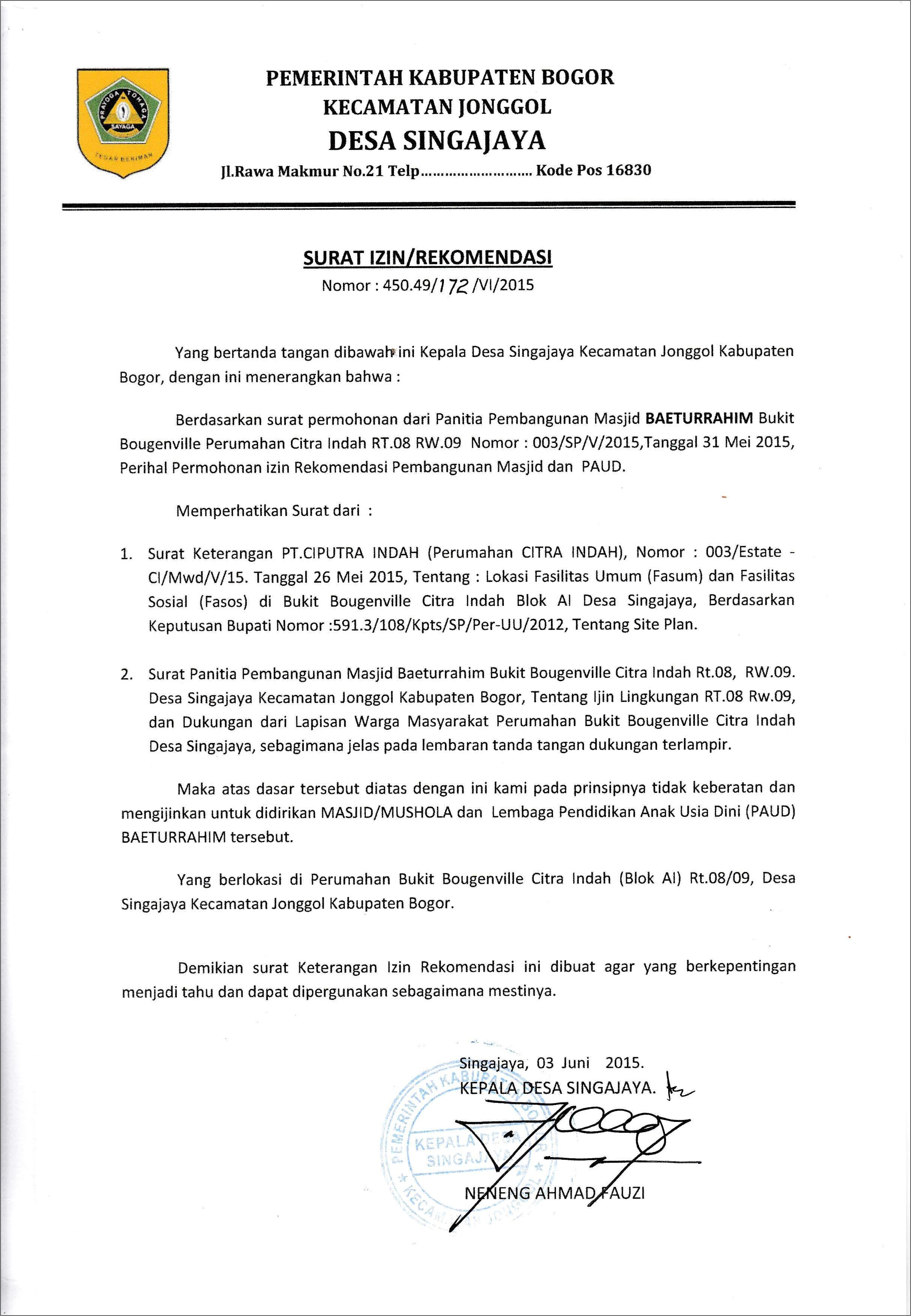 Contoh Surat Pernyataan Kepala Desa Tentang Pembangunan