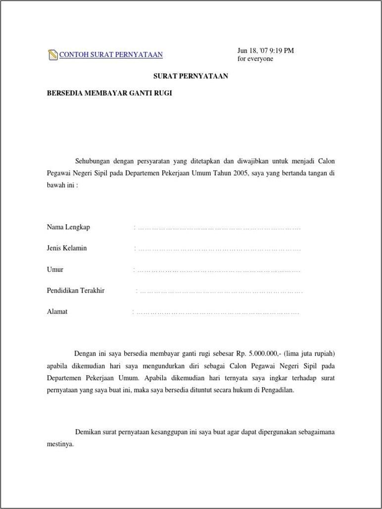 Contoh Surat Pernyataan Kesanggupan Bayar Hutang Surat Lamaran Kerja