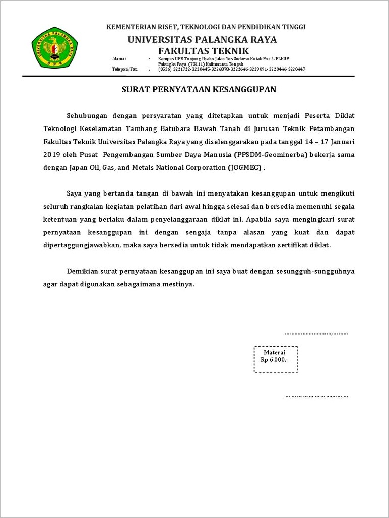 Contoh Surat Pernyataan Kesanggupan Menyumbang Sttnas