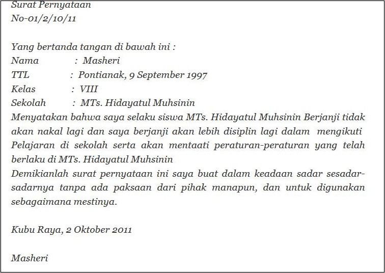 Contoh Surat Pernyataan Kesanggupan Tidak Mengulangi Kesalahan