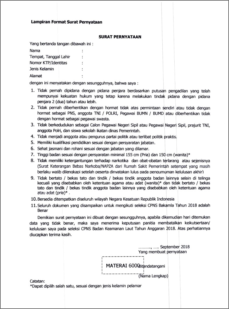 Contoh Surat Pernyataan Kesehatan Cpns